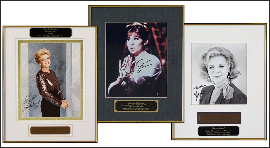 A GROUP OF THREE SIGNED CELEBRITY PHOTOGRAPHS.: A GROUP OF THREE SIGNED CELEBRITY PHOTOGRAPHS. Framed, signed on the photograph. With name plates beneath. Comprised of Angela Lansbury (Broady & Television Actress; Broadway Star: Musicals 'Mame,' 'G