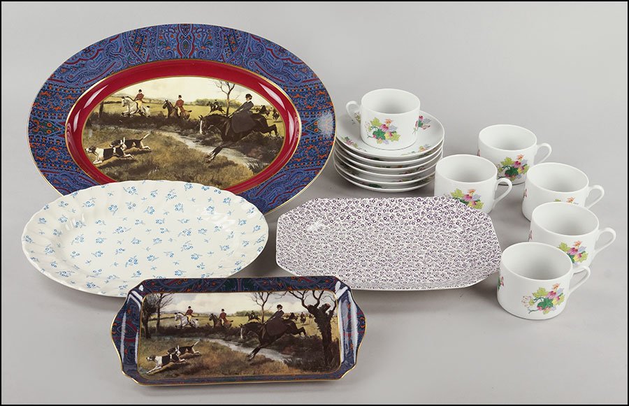 A SET OF SIX VISTA ALLEGRE PORCELAIN TEACUPS AND: A SET OF SIX VISTA ALLEGRE PORCELAIN TEACUPS AND SAUCERS. Bearing a floral pattern. Together with a Ralph Lauren Wedgwood 'Berkshire Hunt' porcelain relish tray and porcelain oval serving tray, a Feli