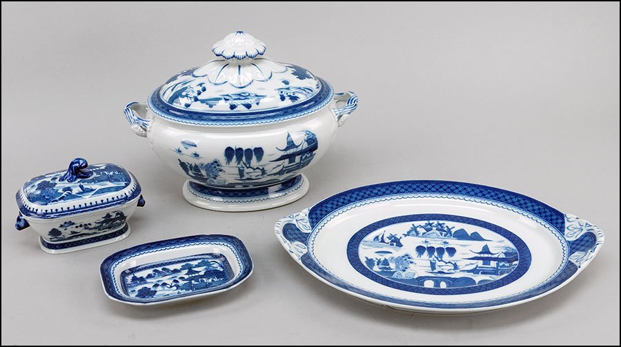 A COLLECTION OF VISTA ALLEGRE MOTTAHEDEH PORCELAIN: A COLLECTION OF VISTA ALLEGRE MOTTAHEDEH PORCELAIN TABLE ARTICLES. Comprised of a covered handled tureen, an oval serving platter, a butter plate, and a covered handled small serving dish Tureen: 7''