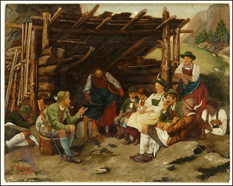 FRANZ VON DEFREGGER (1835-1921) STORY TELLING: FRANZ VON DEFREGGER (1835-1921) STORY TELLING. Oil on board, signed. 7.75"x9.75"