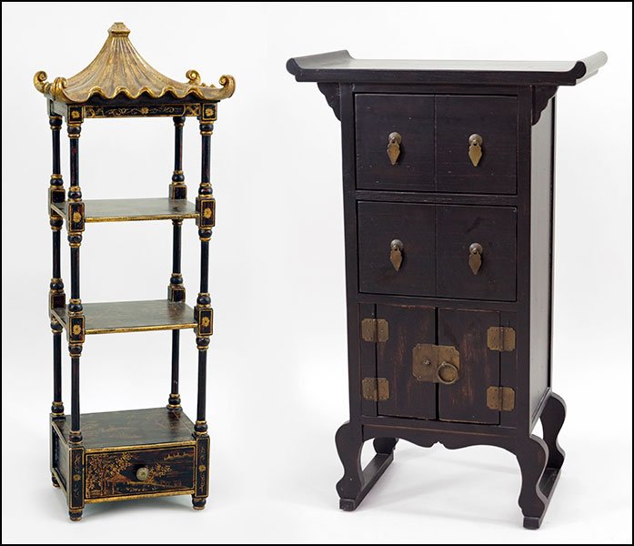 A CHINOISERIE WALL MOUNTED ETAGERE.: A CHINOISERIE WALL MOUNTED ETAGERE. Together with an ebonized wood table comprising two storage drawers above a two door cabinet (32" x 20" x 11") Etagere: 37" x 13" x 9"