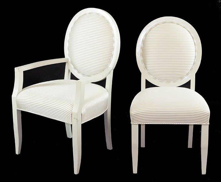A SET OF TEN CONTEMPORARY DINING CHAIRS.: A SET OF TEN CONTEMPORARY DINING CHAIRS. Comprising two armchairs and eight side chairs. Labeled beneath "J. Robert Scott, for Norman de Haan" Armchairs: 41" x 24" x 22" Side Chairs: 39" x 21" x 20"