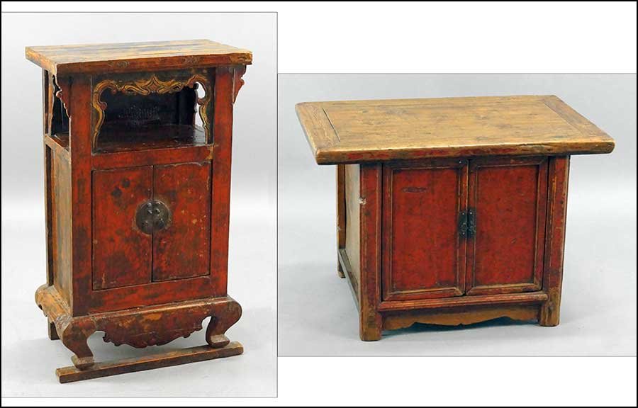 A MONGOLIAN RED LACQUERED DRESSING CABINET.: A MONGOLIAN RED LACQUERED DRESSING CABINET. Together with a red lacquered side table bearing two-doors (24" x 35" x 23.5") 38" x 24" x 13.5"