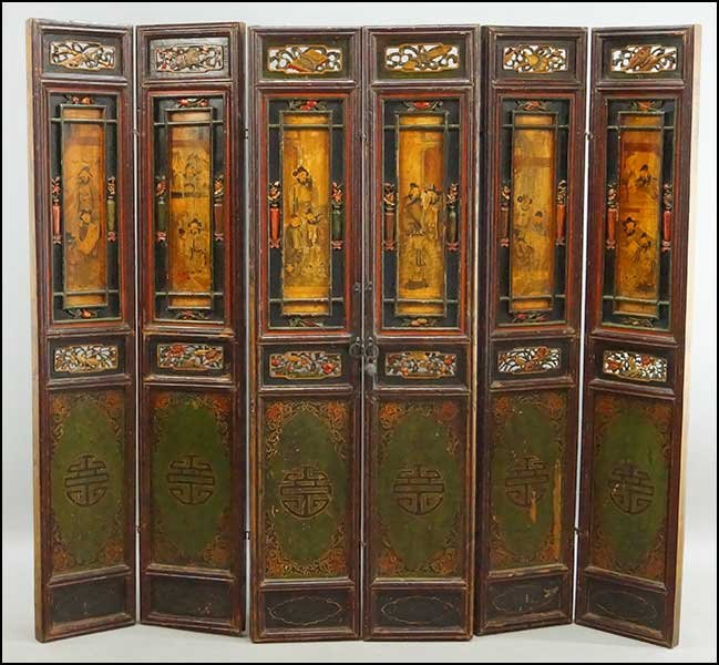 A CHINESE EBONIZED AND POLYCHROME WOOD SIX-PANEL: A CHINESE EBONIZED AND POLYCHROME WOOD SIX-PANEL SCREEN. Each panel: 71" x 13"