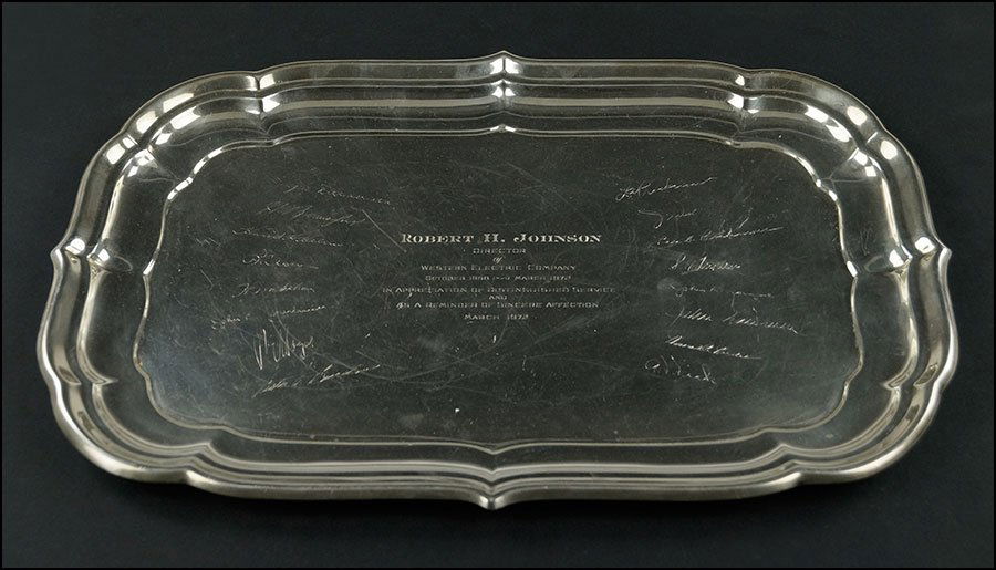 AN AMERICAN REED & BARTON STERING SILVER TRAY.: AN AMERICAN REED & BARTON STERING SILVER TRAY. Windsor pattern, X958. Interior of tray is engraved "Robert H. Johnson Director of Western Electric Company October 1958 - March 1972 In Appreciation of