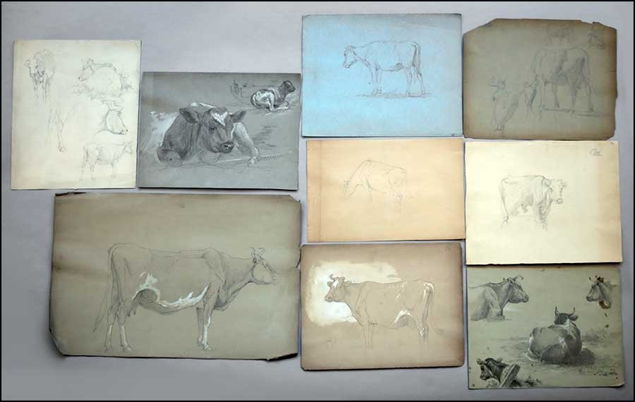 PETER MORAN (AMERICAN, 1841-1914) COLLECTION OF: PETER MORAN (AMERICAN, 1841-1914) COLLECTION OF DRAWINGS DEPICTING COWS. Of various sizes, mostly pencil, some initialed