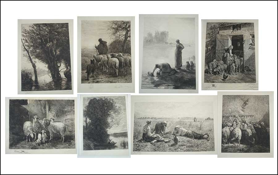 COLLECTION OF 19TH CENTURY BARBIZON PRINTS.: COLLECTION OF 19TH CENTURY BARBIZON PRINTS. Nine etchings comprising Braquemond after Millet, Theophile Chauvel after Corot, Derbrosse after Corot, 'Sheepfold Interior' by Charles Jacque, H. Shaw afte