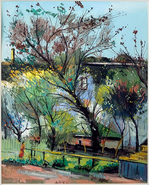 WILLIAM JACOBS (AMERICAN, 1897-1973) WALK IN THE PARK.: WILLIAM JACOBS (AMERICAN, 1897-1973) WALK IN THE PARK. Gouache on paper. Signed and dated "Wm Jacobs 51" LL Sight: 23" x 18"