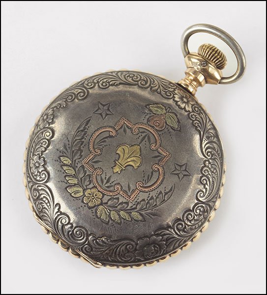 A WALTHAM POCKET WATCH.: A WALTHAM POCKET WATCH. Engraved tri-color case is coin silver. Interior of case is stamped "Fahys Coin". Movement is stamped with serial number 7675943. Susanin's will not comment on the working cond