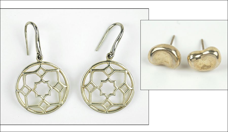 TWO PAIRS OF TIFFANY & CO. STERLING SILVER EARRINGS.: TWO PAIRS OF TIFFANY & CO. STERLING SILVER EARRINGS. Including one pair of Paloma Picasso for Tiffany & Co. 'Zellige' drop earrings and a pair of Elsa peretti 'Bean' earrings