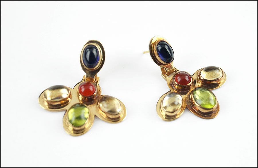 A PAIR OF 14 KARAT YELLOW GOLD AND SEMI-PRECIOUS STONE: A PAIR OF 14 KARAT YELLOW GOLD AND SEMI-PRECIOUS STONE DROP EARRINGS. Containing five cabochon semi-precious stones including tourmaline, quartz, iolite, and chalcedony. Reverse is signed 14K and ille