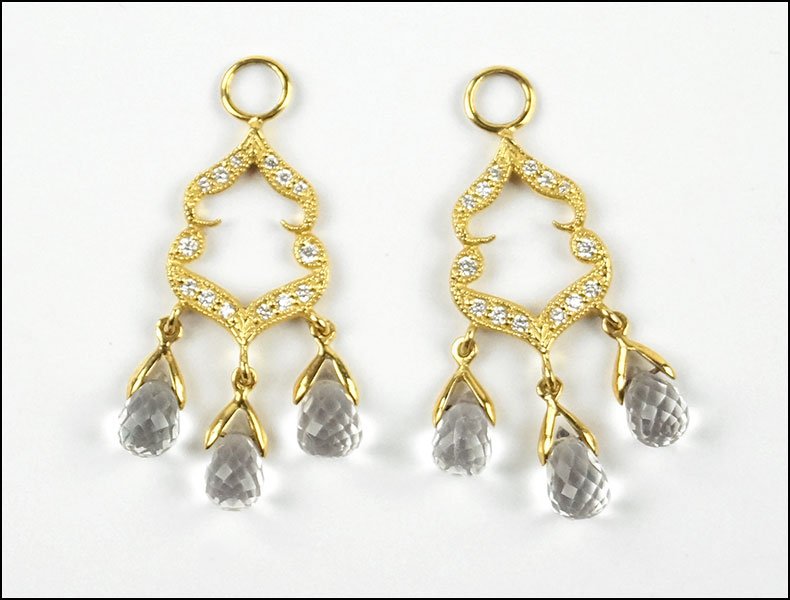 A PAIR OF JUDE FRANCES 18 KARAT YELLOW GOLD, DIAMOND,: A PAIR OF JUDE FRANCES 18 KARAT YELLOW GOLD, DIAMOND, AND ROCK CRYSTAL EARRING CHARMS. Center of charm contains 14 round white diamonds suspended from which are three faceted pear shaped rock crystals