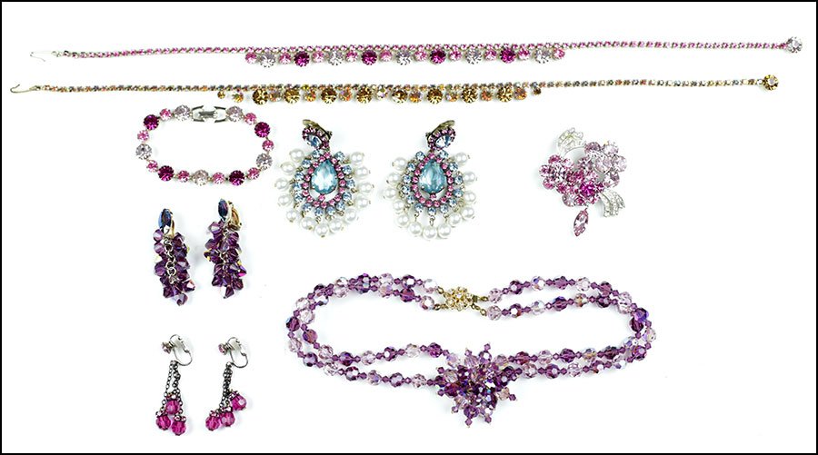 A PAIR OF KENNETH JAY LANE RHINESTONE AND FAUX PEARL: A PAIR OF KENNETH JAY LANE RHINESTONE AND FAUX PEARL EEARCLIPS. Together with three rhinestone necklaces including one signed Weiss, one Weiss rhinestone bracelet, two pairs of earclips, and an Eisenb