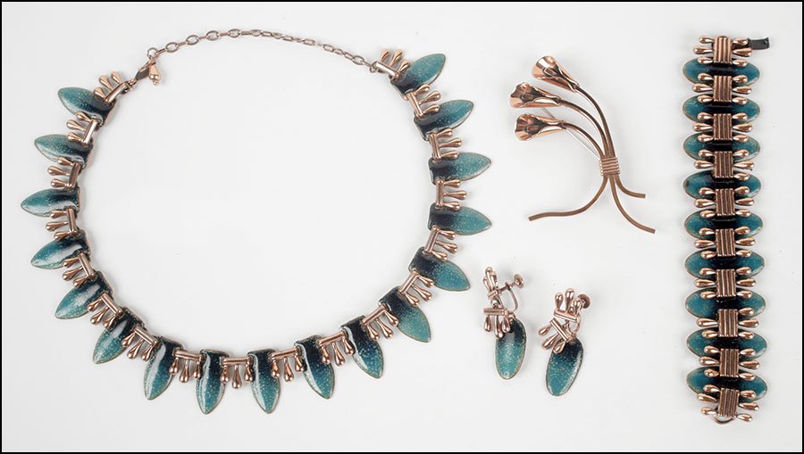 A MATISSE COPPER AND ENAMEL PARURE.: A MATISSE COPPER AND ENAMEL PARURE. Comprising a necklace, bracelet, and pair of screwback earrings. Together with a Renoir copper flower form brooch Necklace: 18"