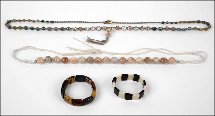 A NAKAMOL MULTI-COLOR QUARTZ AND AGATE WRAP: A NAKAMOL MULTI-COLOR QUARTZ AND AGATE WRAP NECKLACE/BRACELET. Together with a KGP Designs strawberry quartz faceted bead necklace, and two square bead bracelets Length: 40"