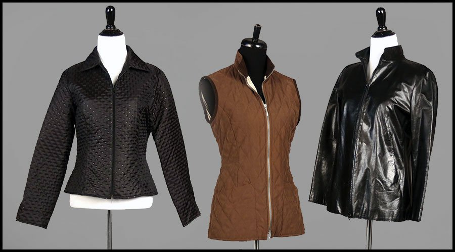 A BARBOUR BROWN QUILTED ZIP FRONT VEST.: A BARBOUR BROWN QUILTED ZIP FRONT VEST. Size 4. Together with an Emanuel Ungaro leather jacket (size 2 petit) and an Annie Fontaine Paris black quilted jacket (size 2)
