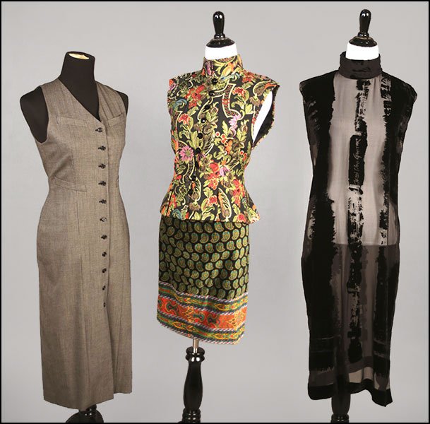A CHRISTIAN LACROIX PRET-A-PORTER TWO-PIECE ENSEMBLE.: A CHRISTIAN LACROIX PRET-A-PORTER TWO-PIECE ENSEMBLE. Comprised of a paisley print skirt and a gilt threaded vest. Together with a Ralph Lauren button front dress (size 6) and a Jean Paul Gaultier bla