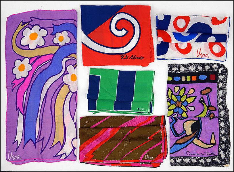 FOUR VERA SILK SCARVES.: FOUR VERA SILK SCARVES. Together with a Di Nardo silk scarf, and an Oscar de la Renta silk scarf
