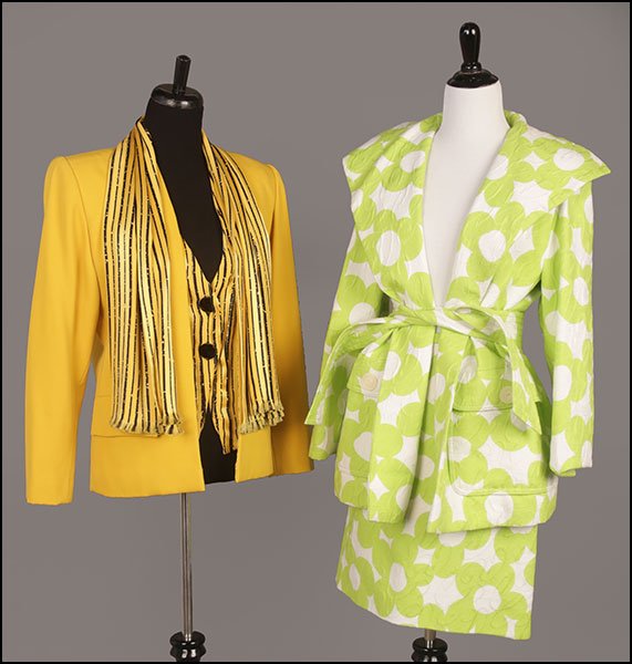 TWO GALANOS TWO-PIECE ENSEMBLES.: TWO GALANOS TWO-PIECE ENSEMBLES. Comprised of one knit green and white print skirt suit, comprised of a skirt and a jacket with a self belt (size unlabeled) and one yellow blazer with a silk vest and 