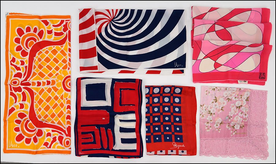 FOUR VERA SILK SCARVES.: FOUR VERA SILK SCARVES. Together with a Schiaparelli silk scarf, and a Hanae Mori scarf