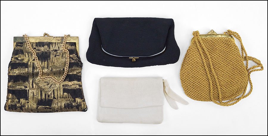A KORET BLACK AND GOLD EVENING BAG.: A KORET BLACK AND GOLD EVENING BAG. Together with a Rodo Italian gold tone mesh evening bag, a black Coblentz fold over clutch bag, and a white linen handbag