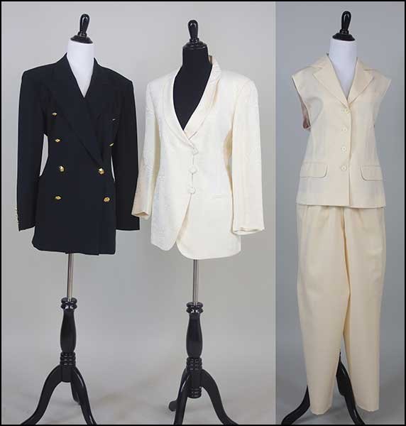 AN ESCADA BY MARGARETHA LEY DOUBLE BREASTED JACKET.: AN ESCADA BY MARGARETHA LEY DOUBLE BREASTED JACKET. Jacket is size 42 with goldtone die-form buttons. Together with a Giorgio Armani cream jacket (size 46) and a Sonia Rykiel wool pant suit containing