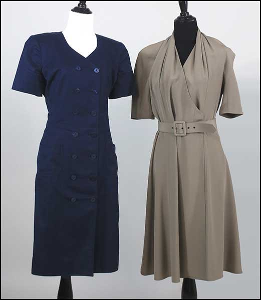 A GIORGIO ARMANI TAUPE DRESS.: A GIORGIO ARMANI TAUPE DRESS. Comprising 1/2 length sleeves and self belt. Together with an Emanuel Ungaro navy double pocket dress (size 12)