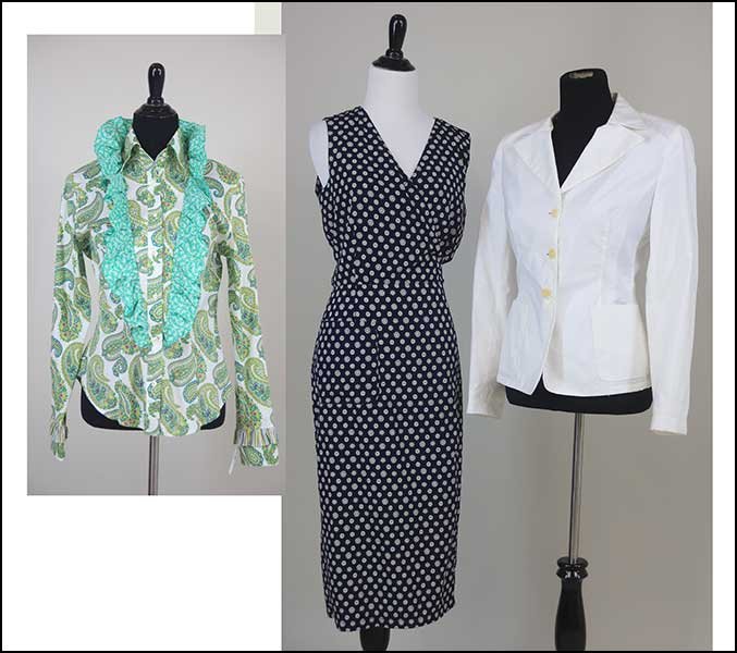 A CLAUDIE PIERLOT SLEEVELESS WRAP DRESS.: A CLAUDIE PIERLOT SLEEVELESS WRAP DRESS. Size 2. Dress is navy with white floral patterns throughout. Together with an Etro paisley ruffle collar blouse (size 46) and a Piazza Sempione white cotton ja