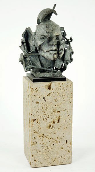 TED GALL (AMERICAN, B. 1941) FACETS.: TED GALL (AMERICAN, B. 1941) FACETS. Bronze sculpture with hinged parts mounted to a travertine base. Signed With base: 11" x 4" x 5"