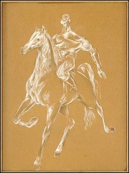 JON CORBINO (AMERICAN, 1905-1964) HORSE AND RIDER.: JON CORBINO (AMERICAN, 1905-1964) HORSE AND RIDER. Charcoal and gouache on paper, signed LR Sight: 23.5" x 17.5" Frame: 32" x 26"