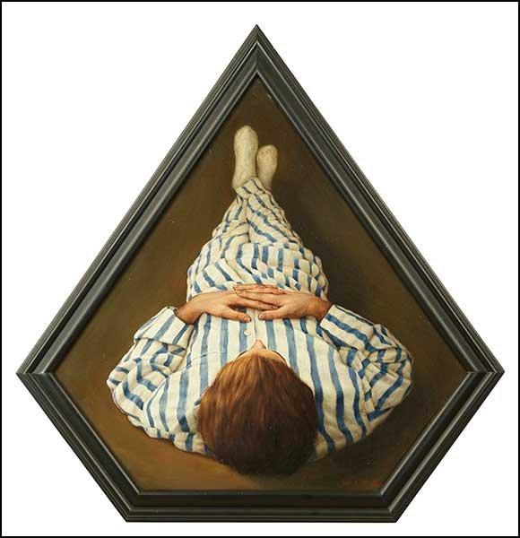 DAN WITZ (AMERICAN, B. 1957) NICHOLAS.: DAN WITZ (AMERICAN, B. 1957) NICHOLAS. Oil on canvas, mounted to board, signed LR. Signed, titled, and dated 1994 in ink, en verso. Pentagonal in shape Sight: 27.5" x 27.5" Frame: 33.5" x 32.5"