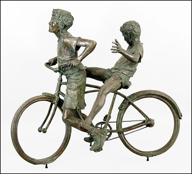 JANE DEDECKER (AMERICAN. B. 1961) CHILDREN ON A BIKE: JANE DEDECKER (AMERICAN. B. 1961) CHILDREN ON A BIKE RIDE. Patinated bronze sculpture. Edition 11/12. Signed, numbered, and dated along the rear wheel H: 58" W: 70" D: 48"