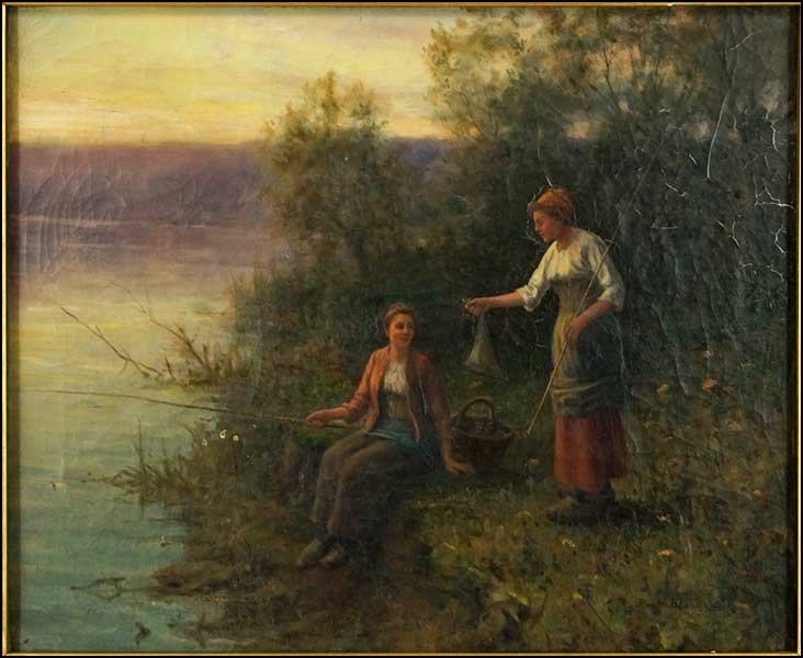 PAUL BLONDEAU (FRENCH, FL 1898-1911) TWO YOUNG WOMEN: PAUL BLONDEAU (FRENCH, FL 1898-1911) TWO YOUNG WOMEN FISHING BY A STREAM. Oil on canvas, signed LR 'Paul Blondeax, Paris Sight: 17.5" x 21.5" Frame: 26.5" x 30.5"