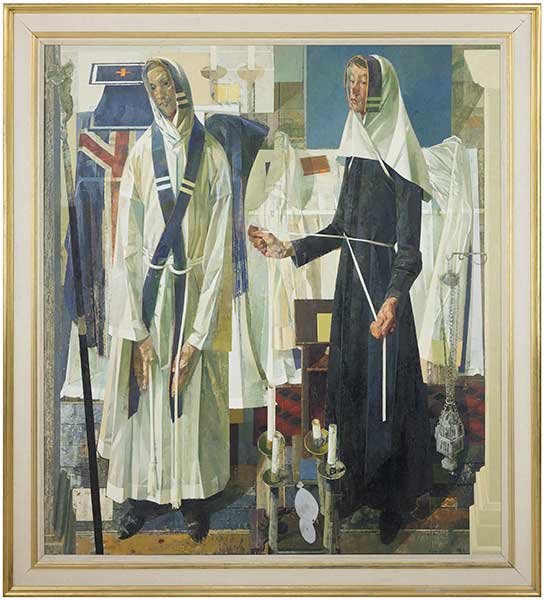 NORMAN CHARLES BLAMEY (BRITISH, 1914-2000) THE: NORMAN CHARLES BLAMEY (BRITISH, 1914-2000) THE APPARELLED AMICE. Oil on panel. Verso is marked in ink on a paper label, 'Norman Charles Blamey, 39, Lyncroft Gardens, London, N.W. 6. No. 1'. Provenance