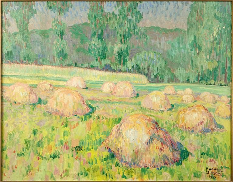 RAPHAEL DUBOIS (BELGIAN, 1888-?) THE HAYSTACKS.: RAPHAEL DUBOIS (BELGIAN, 1888-?) THE HAYSTACKS. Oil on canvas, signed and dated 1912, LR. Bearing a Chicago Conservation Center sticker from May 2000 Sight: 27" x 34" Frame: 35" x 42"