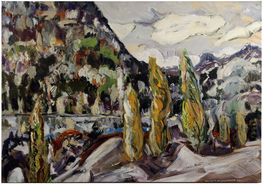 DAVID ALEXANDER (CANADIAN, B. 1947) LANDSCAPE.: DAVID ALEXANDER (CANADIAN, B. 1947) LANDSCAPE. Oil on canvas. Signed and dated '89 LR. Bearing an Elca London Gallery label en verso. Stretched but unframed 30.5" x 43"