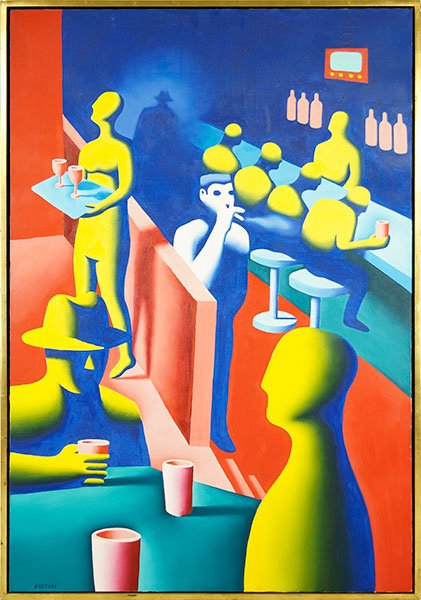 MARK KOSTABI (AMERICAN, B. 1960) BAR.: MARK KOSTABI (AMERICAN, B. 1960) BAR. Oil on canvas. Signed "Kostabi" LL. Signed, titled, and dated "Kostabi, Bar, 1983" en verso Canvas: 72" x 48"