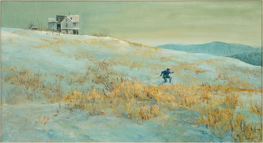 CL PETERSON (AMERICAN, 21ST CENTURY) THE HORSEMAN.: CL PETERSON (AMERICAN, 21ST CENTURY) THE HORSEMAN. Signed and dated '58 LR Sight: 21" x 38.5" Frame: 28.5" x 46.5