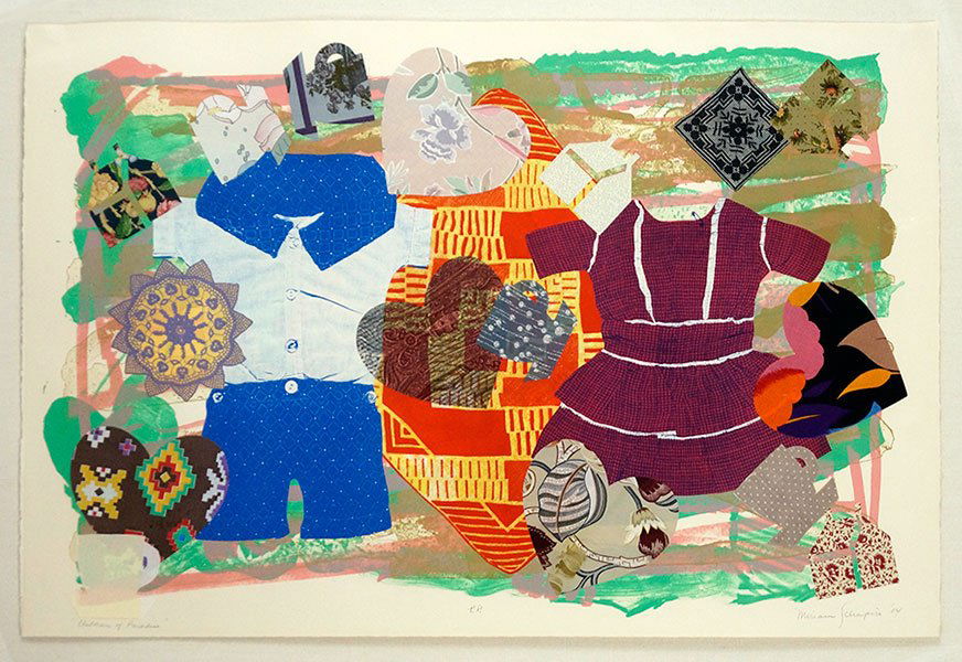 MIRIAM SCHAPIRO (CANADIAN, B. 1923) CHILDREN OF: MIRIAM SCHAPIRO (CANADIAN, B. 1923) CHILDREN OF PARADISE. Mixed media on paper. Pencil titled LL. PP lower center. Pencil signed and dated '84 LR Sheet: 32" x 47" Frame: 42" x 58"