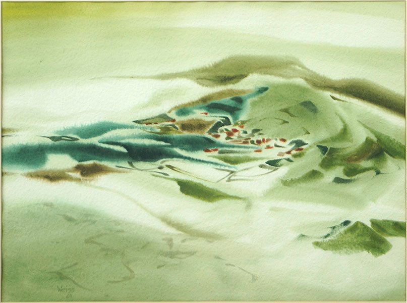 LEE WEISS (AMERICAN, B. 1928) MEXICAN HILL TOWN.: LEE WEISS (AMERICAN, B. 1928) MEXICAN HILL TOWN. Watercolor on paper, signed and dated '64 LL Sight: 21" x 28" Frame: 31" x 38"