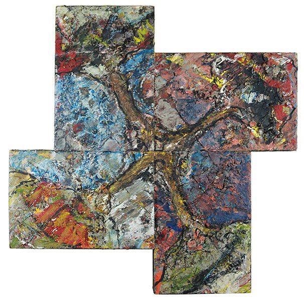 MICHAEL DAVID (AMERICAN, B. 1954) BILLIES TREE.: MICHAEL DAVID (AMERICAN, B. 1954) BILLIES TREE. Encaustic on masonite. Signed, dated 1982, and titled en verso. Bearing a Museum of Contemporary Art, Chicago label en verso 85" x 85" x 8"