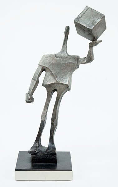 WAYNE SALGE (AMERICAN, B. 1941) MAN WITH BOX.: WAYNE SALGE (AMERICAN, B. 1941) MAN WITH BOX. Patinated bronze sculpture mounted to a stone base. Signed on the back of the figure With base: 13" x 7" x 4.5"