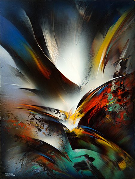 LEONARDO NIERMAN (MEXICAN, B. 1932) MAGIC FIRE.: LEONARDO NIERMAN (MEXICAN, B. 1932) MAGIC FIRE. Oil on masonite. Signed LL. Titled en verso Canvas: 32" x 24" Frame: 40" x 32.5"