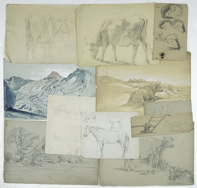 PETER MORAN (AMERICAN, 1841-1914) COLLECTION OF: PETER MORAN (AMERICAN, 1841-1914) COLLECTION OF DRAWINGS; COWS, HORSES AND SHEEP. Mostly pencil, various sizes