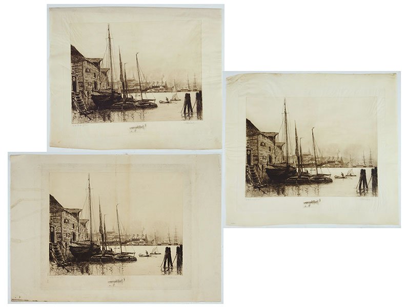 STEPHEN PARRISH (AMERICAN, 1846-1938) QUEBEC.: STEPHEN PARRISH (AMERICAN, 1846-1938) QUEBEC. Three etchings, two on parchment, one on Japan, 1887, after Henry Ward Ranger, Ref: Schneider 124, signed by both artists 22" x 26.75"