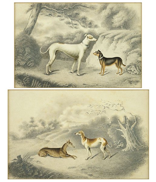 HENRY ALKEN (1785-1851) DOGS IN A LANDSCAPE.: HENRY ALKEN (1785-1851) DOGS IN A LANDSCAPE. Pair of pencil drawings with watercolor, each signed. Unframed 5.5" x 8.5"