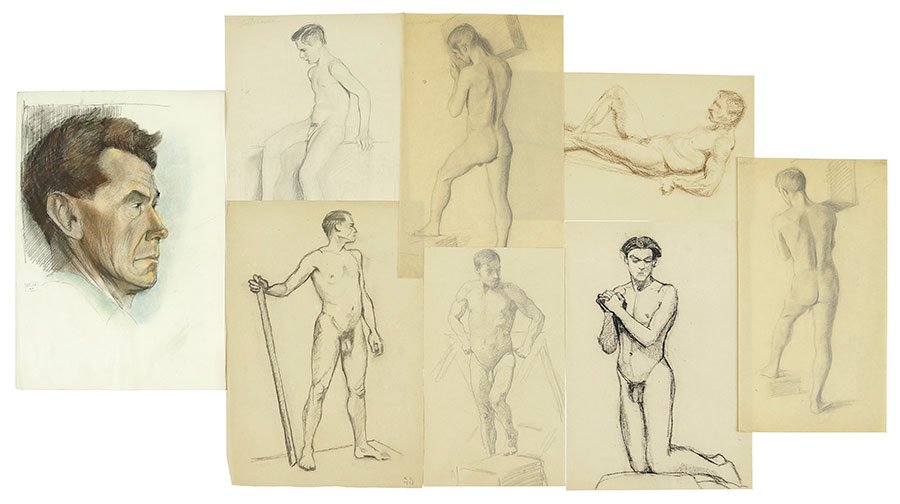 COLLECTION OF SEVEN MALE NUDE DRAWINGS.: COLLECTION OF SEVEN MALE NUDE DRAWINGS. Pencil, charcoal or crayon, 3 signed Leilussen and one signed SK 1928. Unframed Largest: 18" x 12.25"