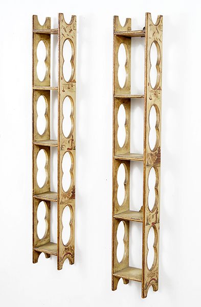 A Pair Of Chinoiserie Decorated Wall Mount Etageres.: A Pair Of Chinoiserie Decorated Wall Mount Etageres. 38.5" x 5.5" x 4"