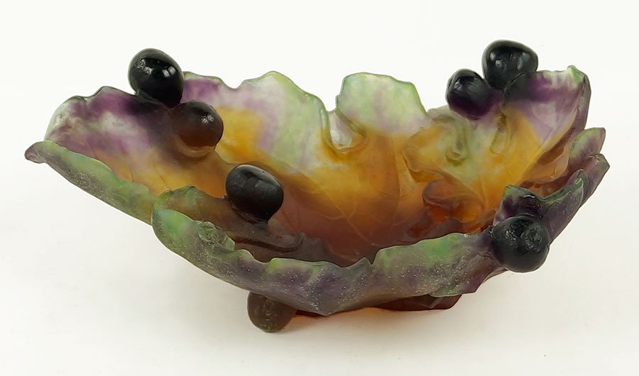 A Daum Pate de Verre 'Figues' Centerpiece Bowl.: A Daum Pate de Verre 'Figues' Centerpiece Bowl. Signed "Daum, France" on the underside. Shape number 01650. With original box 4" x 13" x 9"