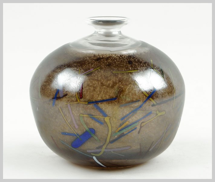 A Bertil Vallien For Kosta Boda Glass Vase.: A Bertil Vallien For Kosta Boda Glass Vase. Depicting abstract multicolored lines. Signed 'Kosta Boda B. Vallien 73279' on underside Height: 4"